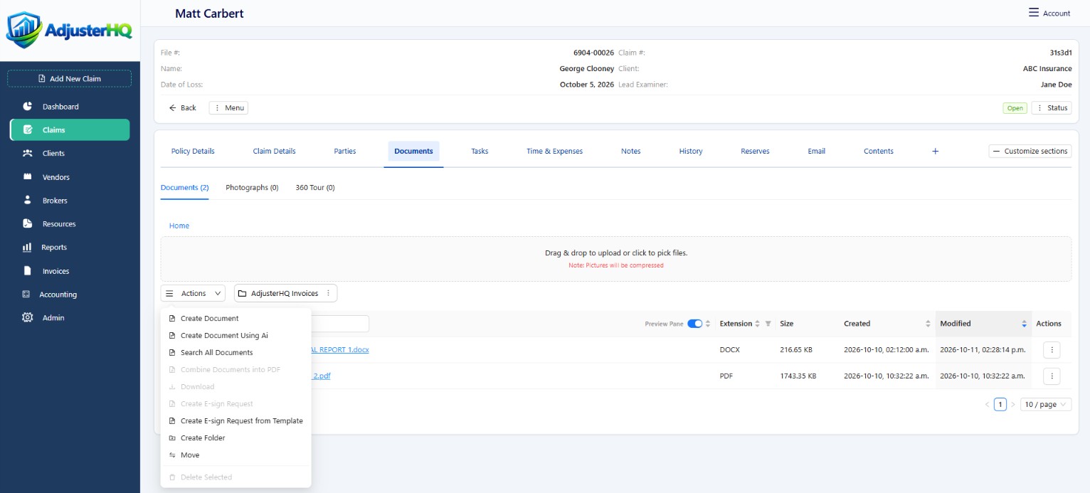 Claim documents with upload tools, document actions, and tabs for photographs and 360 tours.