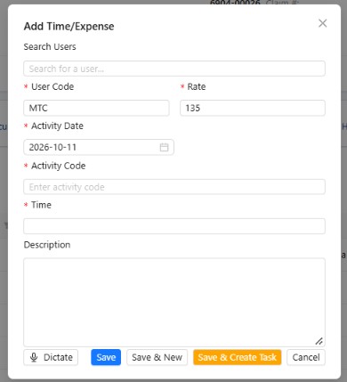 Time and expense form with activity, time, description, dictation, and save options.