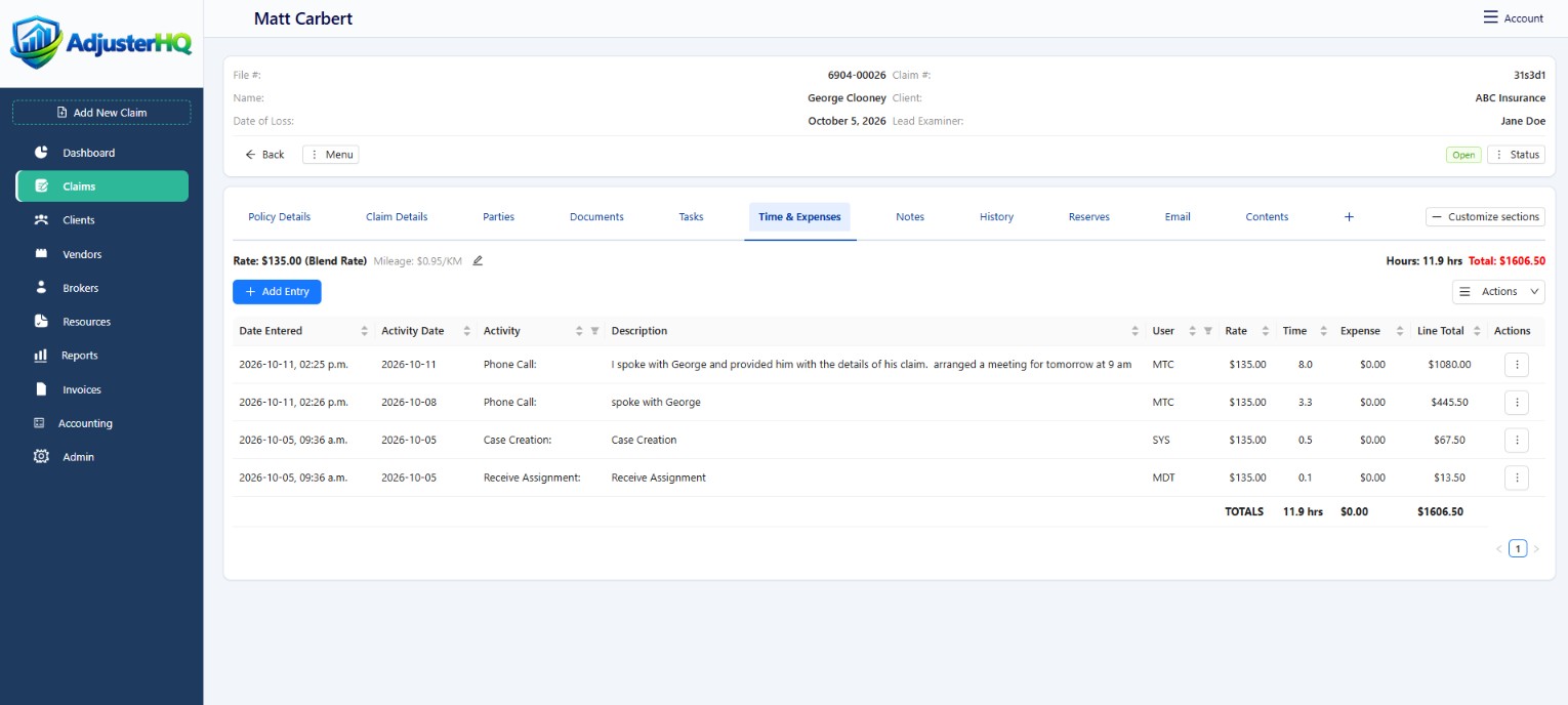 Time and expense entries with activity dates, descriptions, rates, hours, expenses, and totals.